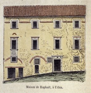 Gevel van het huis waar de schilder Raffaello Santi (Raphael) (1483 - 1520) woonde in Urbino, Italië door Unknown artist