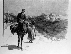 Familie reist op de weg naar Calatafimi, Sicilië gravure uit de 19e eeuw