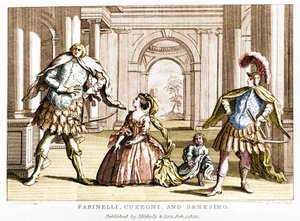 Farinelli (Carlo Broschi, genoemd; 1705 - 1782) met de sopraan Cuzzoni en de gecastreerde Francesco Bernardo Senesino (1680 - 1750) in de opera door George Frederick Handel door Unknown artist