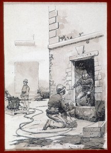 Brandweerlieden: brandapparatuur uit kelders. gravure 19e eeuw door Unknown artist