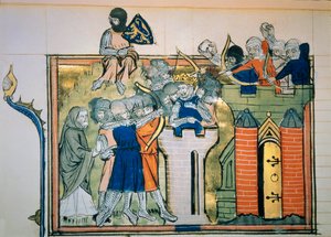 Eerste kruistocht: Godefroi (of Godefroy) van Bouillon (1058-1100) in een ronde toren viel Jeruzalem aan in 1099. Miniatuur uit 