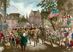 Begin van de Amerikaanse Onafhankelijkheidsoorlog: George Washington triomfantelijke intocht in New York na de Engelse nederlaag door Unknown artist