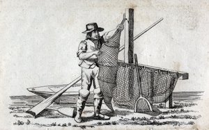 Visser en visnet. Fijne gravure van de 18e eeuw. Privécollectie. door Unknown artist