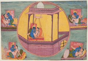 Vijf houdingen van Krishna die de liefde bedrijft, uit een Bikaner Bhagavata Purana