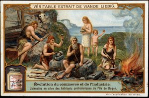 Vuurstenen werktuigen van de prehistorische bewoners van het eiland Rügen - Liebig reclame-etiket door Unknown artist