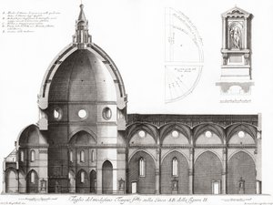 Florence, Italië. De Duomo of kathedraal van Santa Maria del Fiori. Doorsnede van de kathedraal. Naar een 19e-eeuwse gravure door Unknown artist