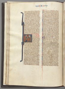 Fol. 20v, Exodus, met initiaal H, Mozes en twee volgelingen met de tafelen der wet