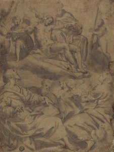 Vier evangelisten en het visioen van God die de dode Christus vasthoudt met de instrumenten van het lijden door Unknown artist
