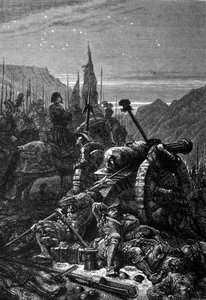 François I bleef in het zadel de nacht voor de Slag bij Marignan, september 1515. Gravure uit de 19e eeuw. door Unknown artist