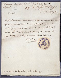 Franse Revolutie: handgeschreven brief gedateerd 26/02/1793 van een genaamde Merlin over de inname van de stad Breda in Nederland op 24 februari door generaal Dumouriez. Departementale Archieven van Nord Lille