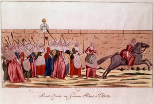 Franse Revolutie van 1789: voorhoede van vrouwen op weg naar Versailles op 5 oktober 1789. Gravure uit de 18e eeuw. Parijs, B.N. door Unknown artist