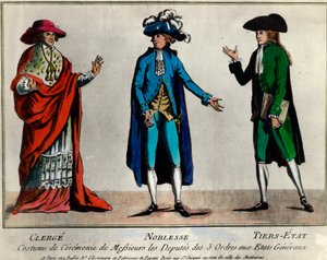 Franse Revolutie: voorstelling van de afgevaardigden van de drie standen in de Staten-Generaal in ceremonieel kostuum: de geestelijkheid, de adel en de derde stand (Derde Stand). Prent uit het einde van de 18e eeuw Privécollectie door Unknown artist