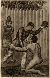 Vrijdag wordt in de armen van Robinson Crusoe geworpen, gravure ingevoegd in "De avonturen van Robinson Crusoe" door Daniel Defoe door Unknown artist