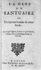 Frontispice van "De sleutel tot het heiligdom" door Baruch Spinoza (1632-1677), Nederlandse filosoof ook bekend als Bento de Espinosa of Benedictus de Spinoza of Benoit de Spinoza. 1678