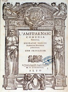 Frontispice van Amfiparnaso madrigaal komedie door Orazio Vecchi door Unknown artist
