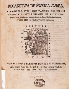 Frontispice van Recanetum de musica aurea door Stephanus Aureus