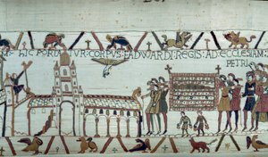 Begrafenis van koning Eduard de Belijder van Engeland, zijn lichaam wordt naar de kerk van St. Peter gebracht (detail van het Tapijt van Bayeux) door Unknown artist
