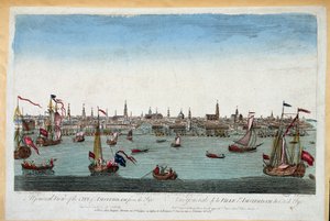 Algemeen uitzicht op Amsterdam vanaf de zee 18e eeuw (gravure)