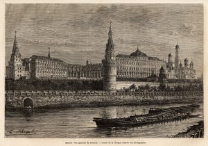 Algemeen overzicht van het Kremlin, het geografische centrum van Moskou en het politieke centrum van Rusland, de buurt gebouwd in de 14e eeuw is altijd uitgebreid en gerestaureerd door de historische perikelen van het land. Gravure ter illustratie van La R