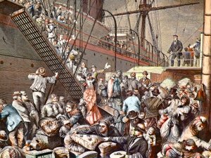 Duitse emigranten naar New York aan boord van een Hamburgse stoomboot in 1874, gravure - (Deutsche Emigranten) door Unknown artist