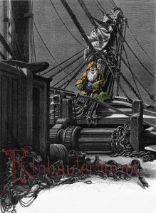Germaanse mythologie: representatie van een Klabautermann op het dek van een schip, een elf beschermer van schepen op zee. Gravure uit de 19e eeuw door Unknown artist