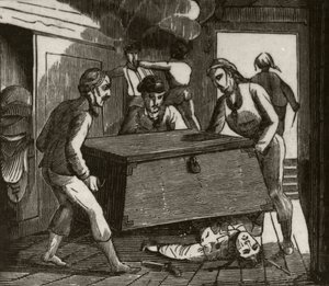 Gordon en zijn metgezellen drukken de Franse kapitein dood met een grote kist, ca.1836
