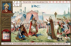 Grote veroveraars: portret van Karel de Grote (742 of 747-814) en zijn ontmoeting met paus Leo III (750-816) in het kamp van Paderborn (Duitsland), in 799 - Liebig chromolithografie door Unknown artist
