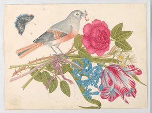 Grijze en koraalvogel op boeket met roos, tulp, madeliefjes en vergeet-mij-nietjes, met vlinder