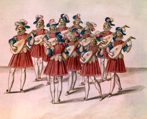 Groep muzikanten die luit spelen. Aquarel en pen door Daniel Rabel (1578-1637) uit het Album Chateau de Bicetre 17e eeuw Parijs, Louvre Museum