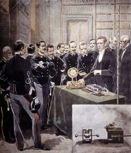 Guglielmo Marconi presenteerde de draadloze telegrafie (TSF) op een conferentie bij het Ministerie van Marine in 1897. door Unknown artist