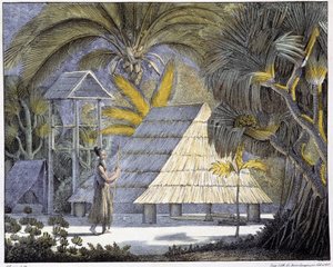 Habitat op de Radak-eilanden, Marshall-eilanden archipel. Gravure uit de 19e eeuw. door Unknown artist