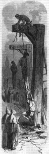 Ophanging van de duivel aan een olijfboom, barbier door Lodewijk XI. Gravure van de 19e eeuw door Unknown artist