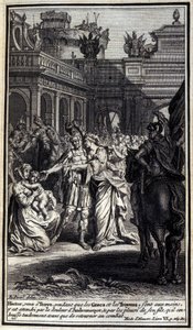 Hector, die naar Troje kwam terwijl de Grieken en de Trojanen in hun handen waren, werd getroffen door het verdriet van Andromache en door het huilen van zijn zoon, die hij teder kuste voordat hij terugkeerde naar de strijd. Illustratie van boek VI van de  door Unknown artist