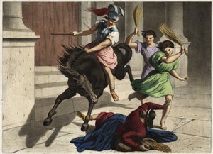 Heliodore (Heliodoros) werd uit de tempel verdreven: op bevel van zijn heerser probeerde hij tevergeefs de schatten van de tempel van Jeruzalem in beslag te nemen. Anonieme gravure uit het midden van de 19e eeuw. door Unknown artist