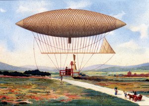 Luchtschip van Henry Giffard (1825 - 1882). 1851. chromolithografie uit de late 19e eeuw.