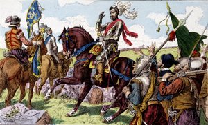 Hendrik IV (1553 - 1610) bij de Slag bij Ivry in 1590. Kinderbeelden uit de 19e eeuw