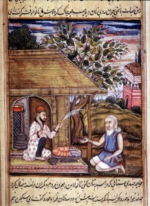 Hindoeïsme: voorstelling van een santon die aalmoezen geeft. Miniatuur uit een 15e-eeuws manuscript.