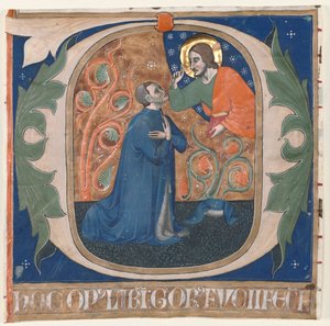 Geïllustreerde initiaal (O) uitgesneden uit een antifonarium: De schenker, Gorus Fucci, knielt voor Christus door Unknown artist