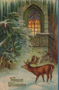Historische kerstkaart met een wintermotief met hert en kerk door Unknown artist