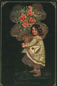 Historische wenskaart met een kind en een grote potplant, roos