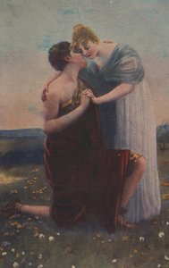 Historische wenskaart met historisch motief, vrouw en krijger uit de Middeleeuwen door Unknown artist