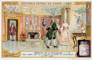 Geschiedenis van porselein: speciale salon voor kostbaar porselein, begin 18e eeuw - Liebig chromolithografie