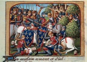 Honderdjarige Oorlog: de slag bij Formigny (Calvados) op 15/04/1450 tussen het Engelse leger van Thomas Kyriell en Jean de Clermont (miniatuur)