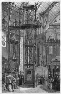 Hydraulische lift uitgevonden door Megy Echeverria en Bazan en tentoongesteld op de Internationale Tentoonstelling van Rivier- en Maritieme Industrieën in het Palais de l