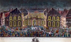 Verlichting van het bisschoppelijk paleis van de stad Straatsburg tijdens de vieringen gegeven door de stad tijdens het verblijf van koning Lodewijk XV (1710-1774) in herstel na een ernstige ziekte op 5/10/1744 door Unknown artist