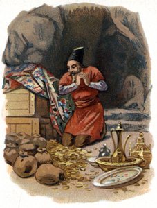 Illustratie voor de Verhalen van Duizend-en-een-nacht. Ali Baba betreedt de rots en zegt: Sesam open u en ziet goudvaten. door Unknown artist