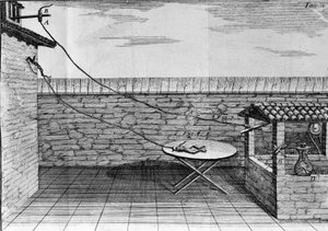 Illustratie van experimenten door Luigi Galvani, Italiaanse natuurkundige en arts (1737 - 1798) die de doorgang van elektrische stroom uitlegt die de poten van een kikker beweegt. door Unknown artist