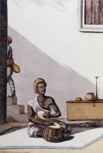 Indiase cultuur en beschaving: muzikant die tablas speelt, traditioneel muziekinstrument, India. Gravure 1808