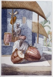 Indiase cultuur, beschaving en samenleving: muzikant met traditionele Indiase percussie (Tikora). Gravure uit 1808 door Unknown artist