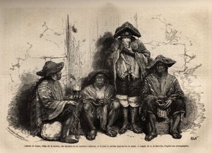 Indianen van Cuzco (Peru), gekleed in de manta, sandalen en traditionele sombrero, werkzaam als arbeiders voor de exploitatie van guano-afzettingen op de Chincha-eilanden, drinkend shisha, maar gefermenteerde brandewijn. Gravure ter illustratie van Les ile